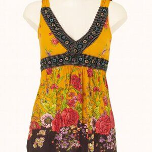 Unbranded 90s Y2K Faircore Top Yellow & Brown Floral Print Baby Doll Size Medium